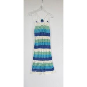 LA Class Crochet Racerback Mini Striped Dress S/M Blue Green Cover-Up Swim Beach